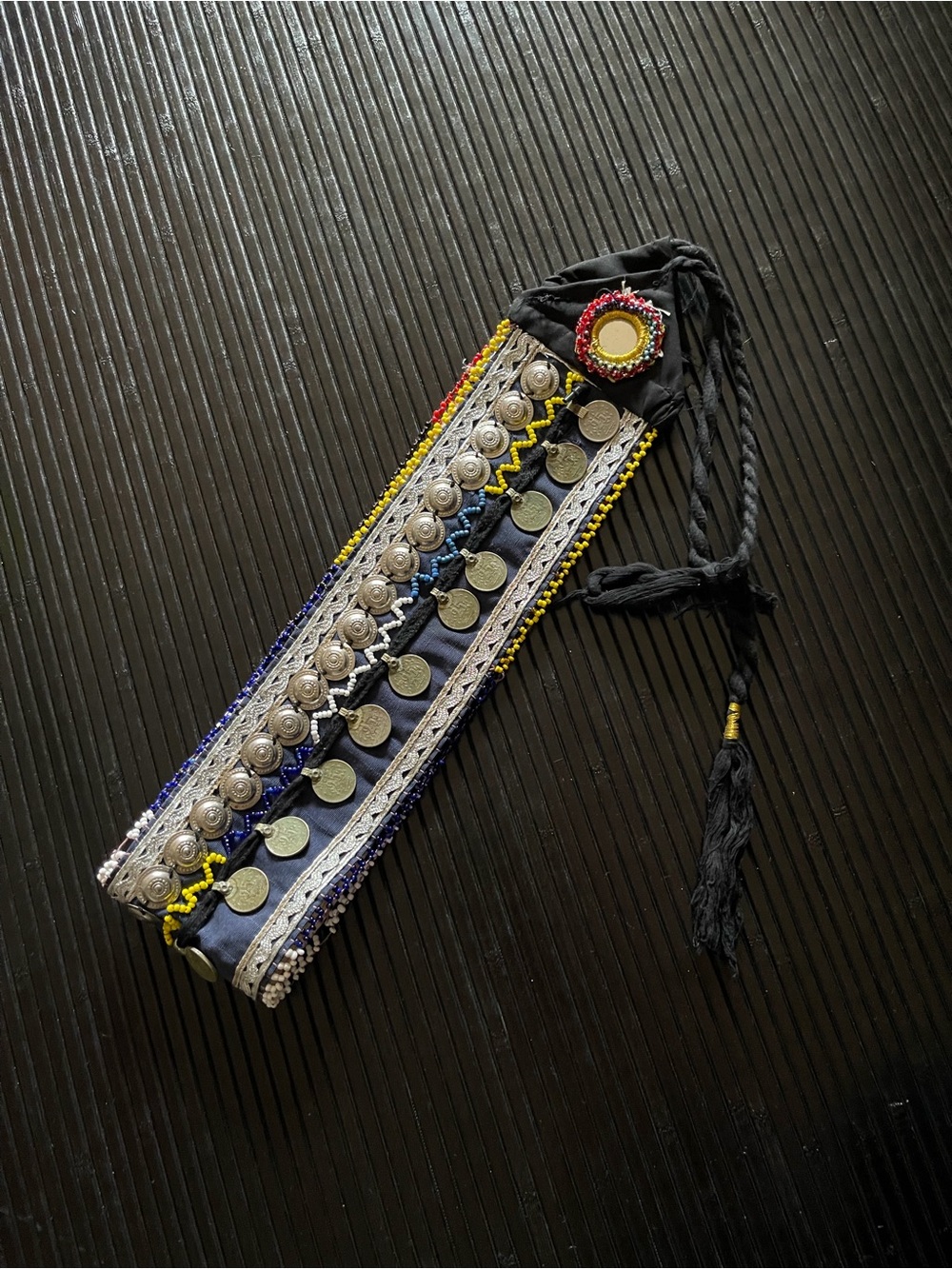Free People Black Boho Coin Trim Belt with Multicolor Bead Accents